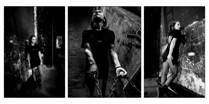 drei Portraits einer jungen Frau in dramatischer Kulisse