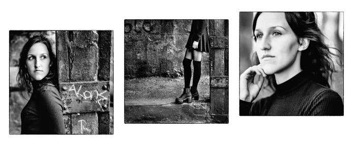 drei Portraits einer jungen Frau in einer Location