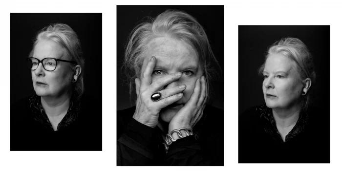 drei eindringliche Portraits einer älteren Lady vor schwarzem Hintergrund